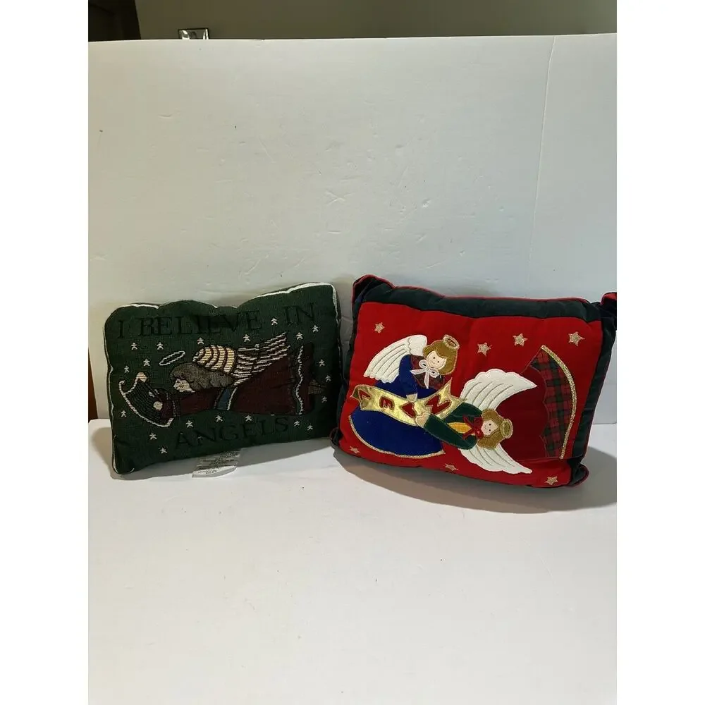 lot of 2 vintage christmas throw pillows red and green I believe in angel + noel